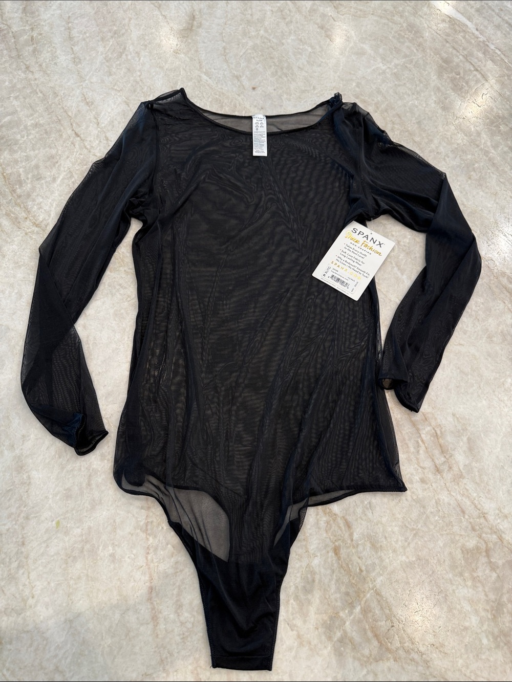 SPANX Black Sheer Long-Sleeve Mesh Bodysuit